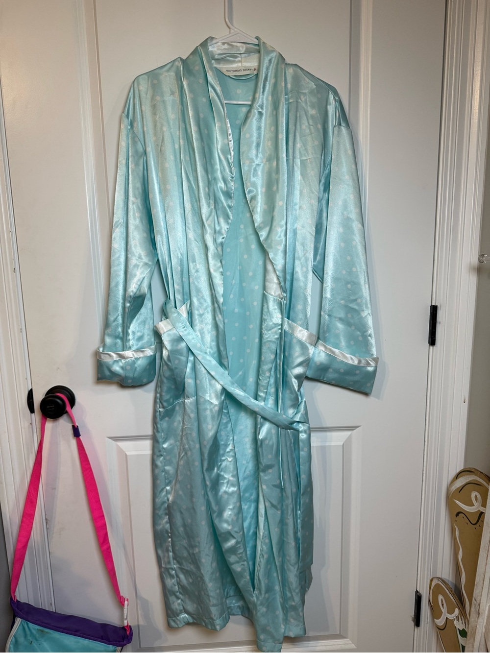Victoria’s Secret Satin Polka Dot Long Robe Aqua Blue White XS/S Tie Waist